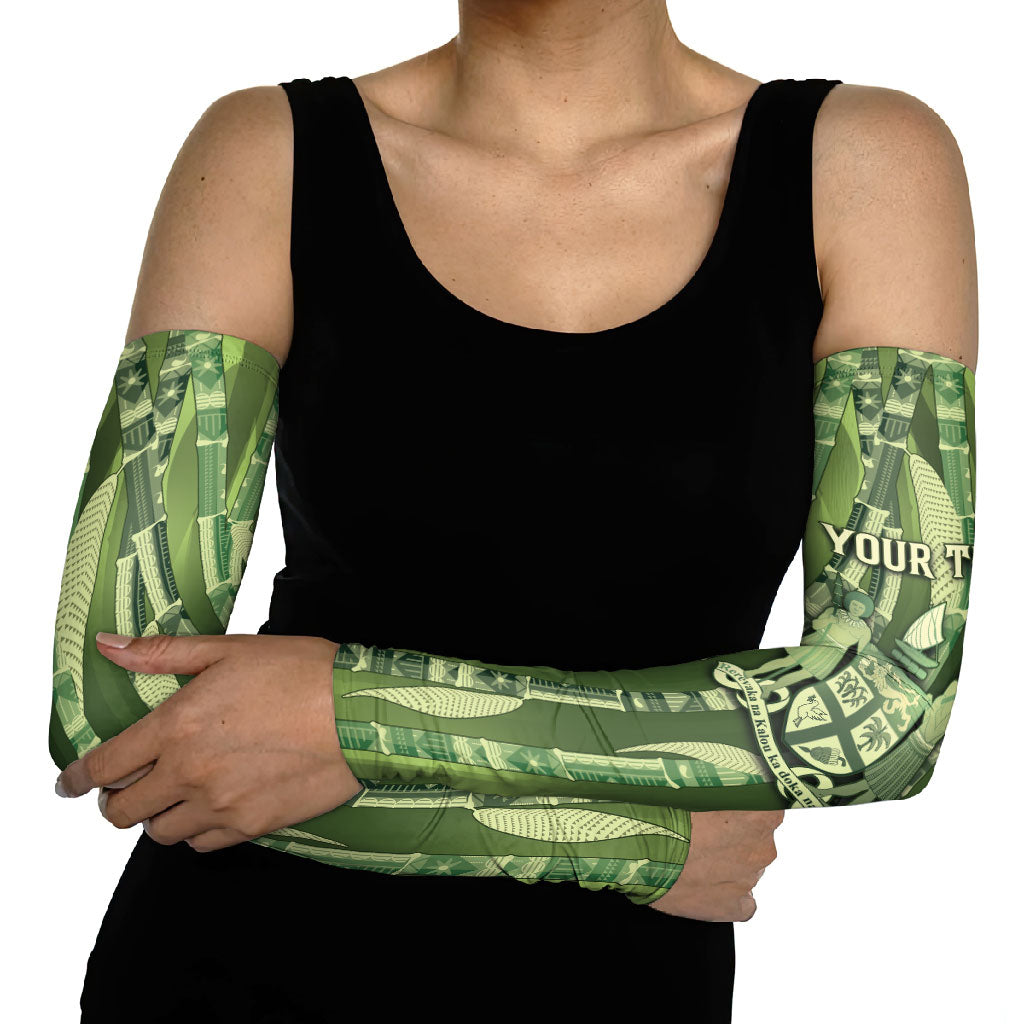 Personalised Fiji Language Week Sugarcane Masi Arm Sleeves Green Tapa Tribal Pattern