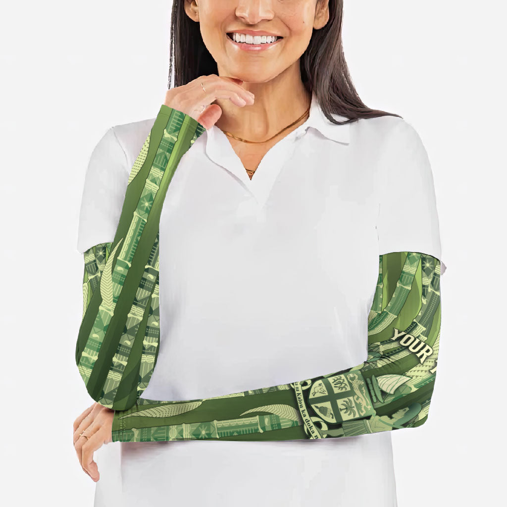 Personalised Fiji Language Week Sugarcane Masi Arm Sleeves Green Tapa Tribal Pattern