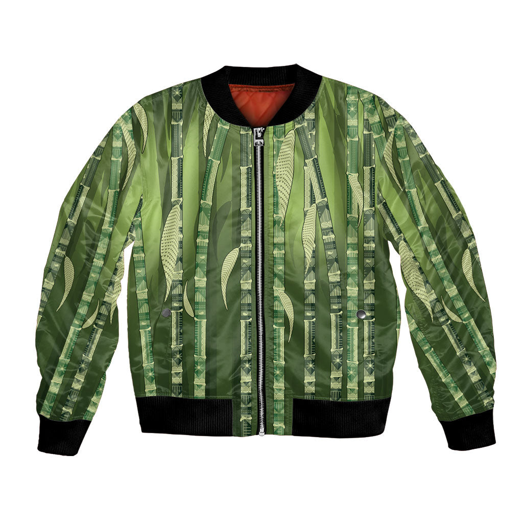 Personalised Fiji Language Week Sugarcane Masi Bomber Jacket Green Tapa Tribal Pattern