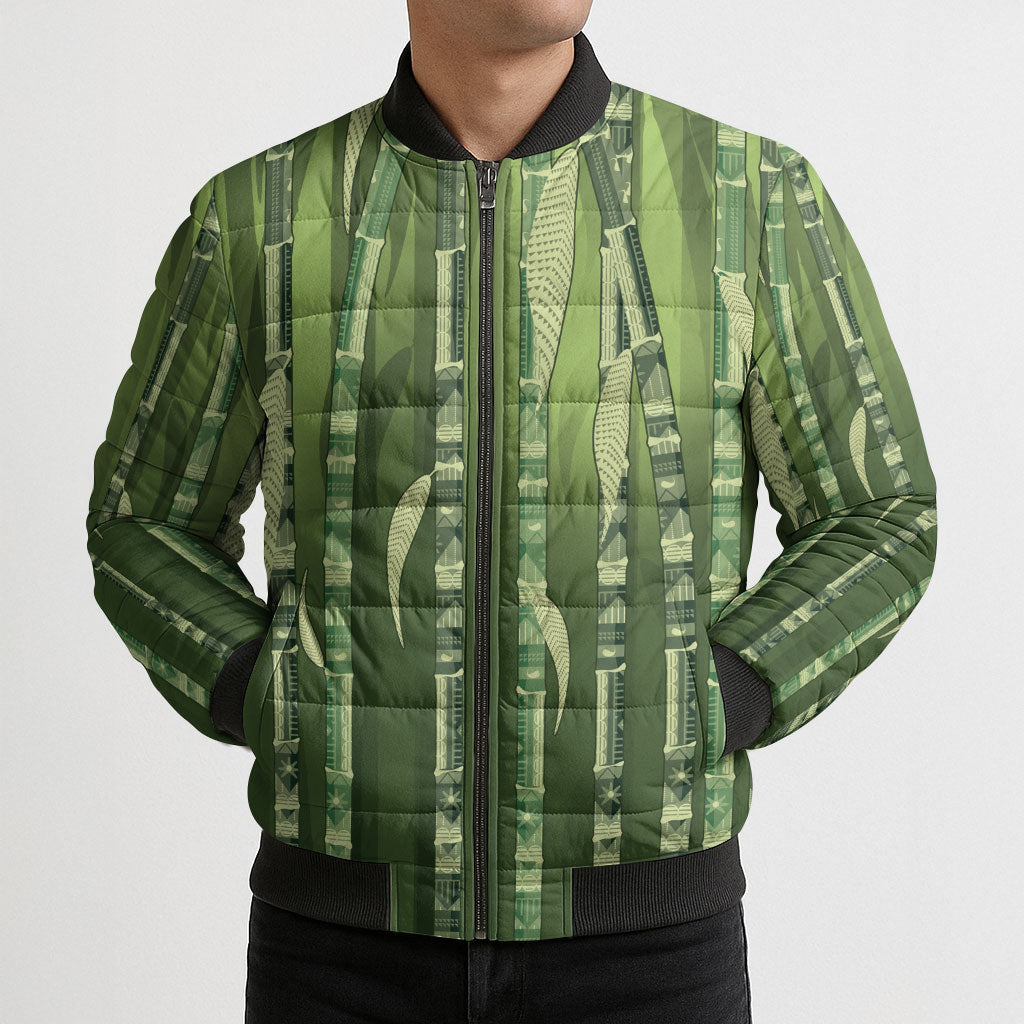 Personalised Fiji Language Week Sugarcane Masi Bomber Puffer Jacket Green Tapa Tribal Pattern