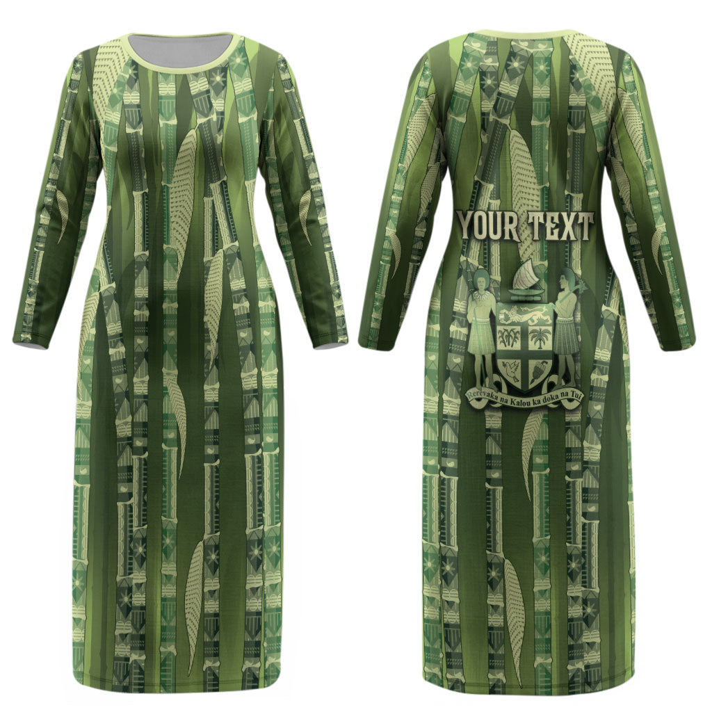 Personalised Fiji Language Week Sugarcane Masi Couples Matching Long Sleeve Bodycon Dress and Hawaiian Shirt Green Tapa Tribal Pattern