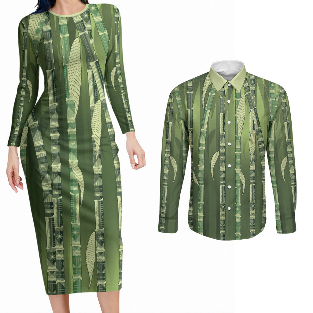 Personalised Fiji Language Week Sugarcane Masi Couples Matching Long Sleeve Bodycon Dress and Long Sleeve Button Shirt Green Tapa Tribal Pattern