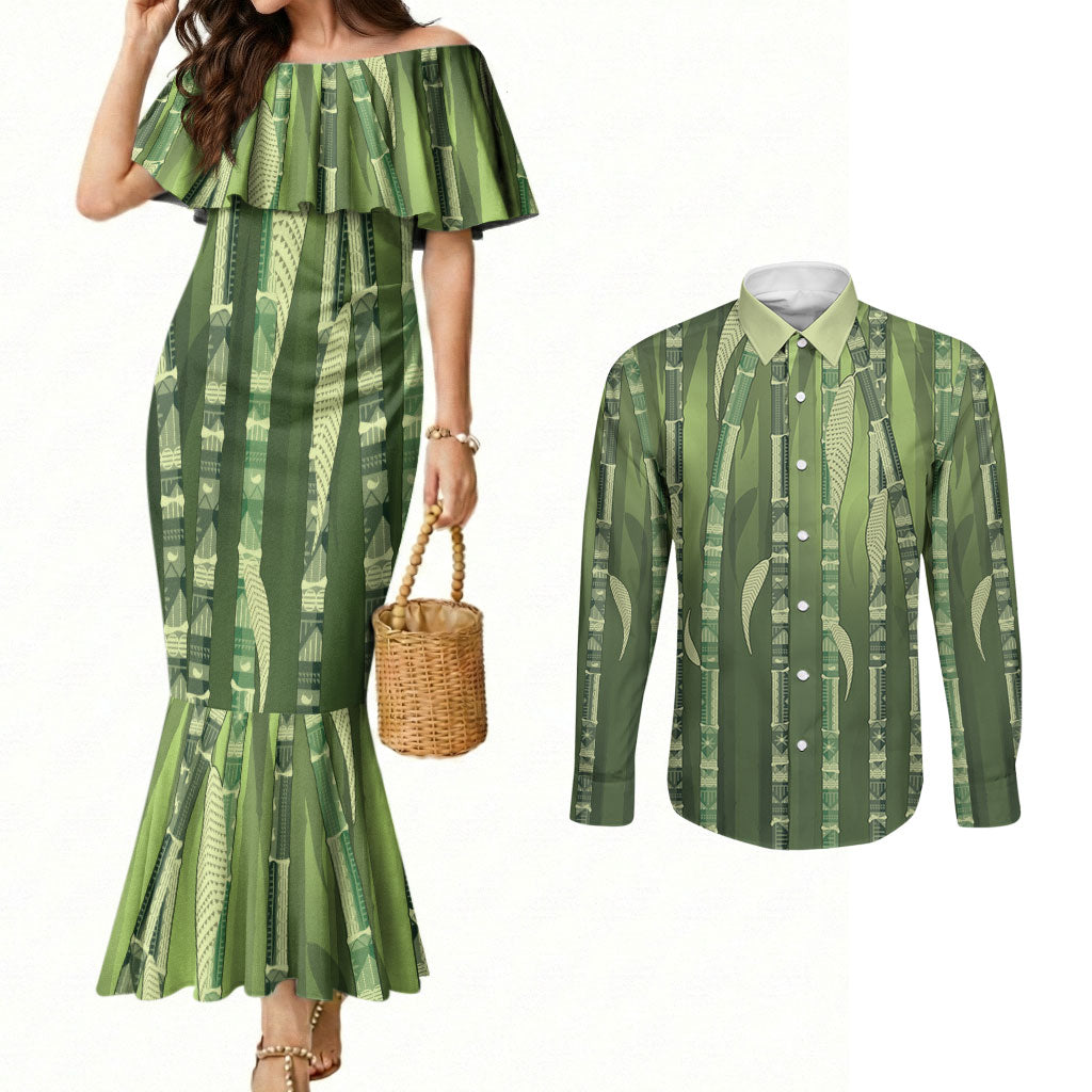 Personalised Fiji Language Week Sugarcane Masi Couples Matching Mermaid Dress and Long Sleeve Button Shirt Green Tapa Tribal Pattern
