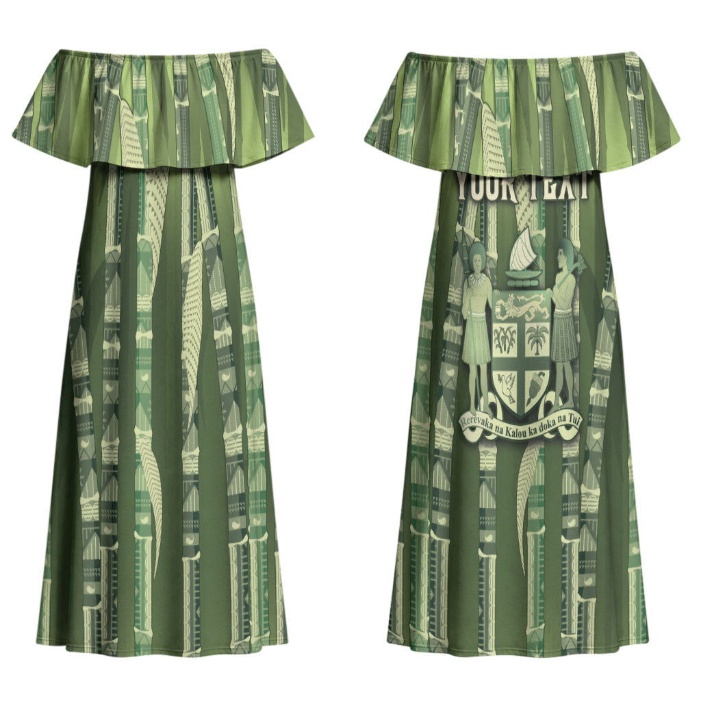 Personalised Fiji Language Week Sugarcane Masi Couples Matching Off Shoulder Maxi Dress and Hawaiian Shirt Green Tapa Tribal Pattern