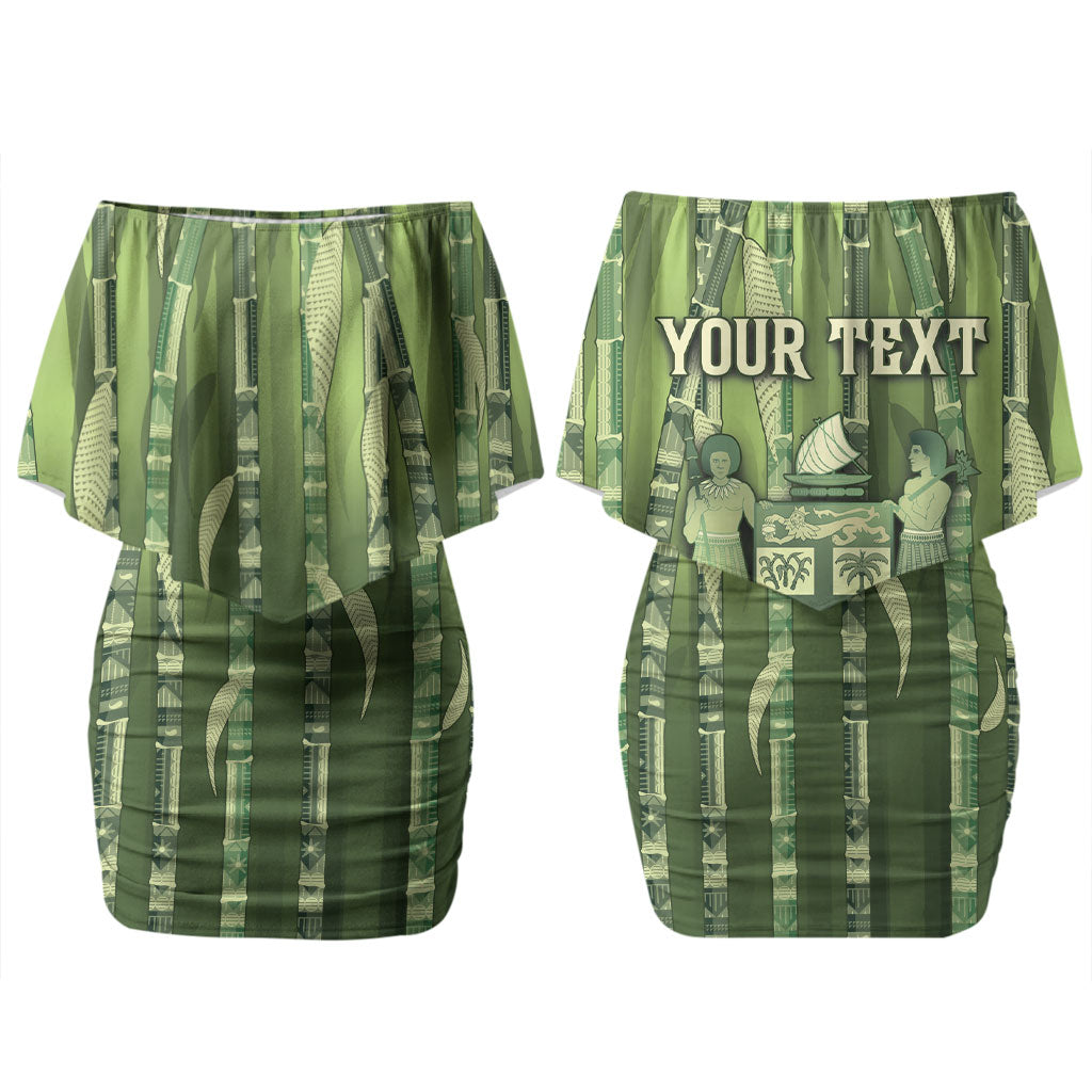 Personalised Fiji Language Week Sugarcane Masi Couples Matching Off Shoulder Short Dress and Long Sleeve Button Shirt Green Tapa Tribal Pattern