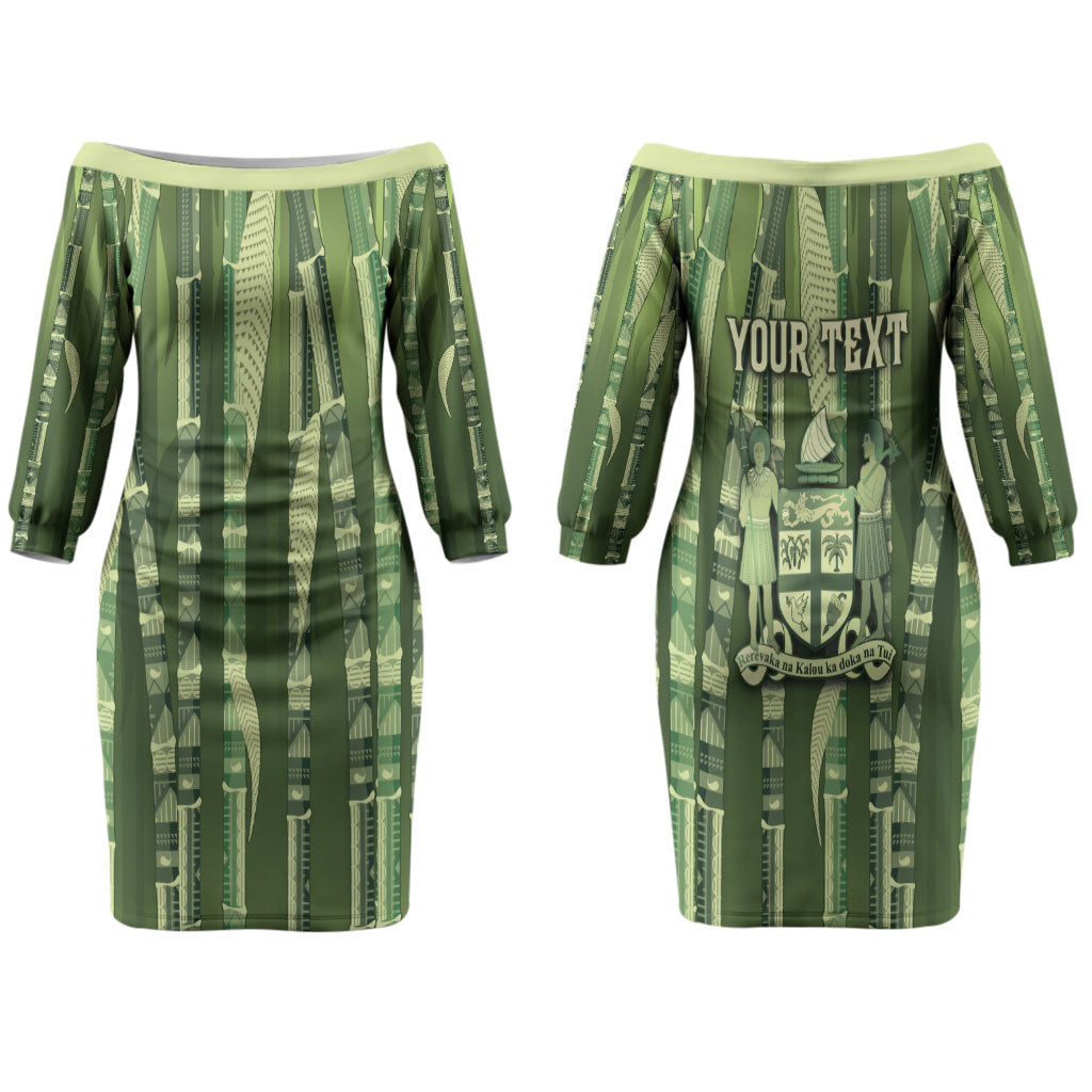 Personalised Fiji Language Week Sugarcane Masi Couples Matching Off The Shoulder Long Sleeve Dress and Long Sleeve Button Shirt Green Tapa Tribal Pattern