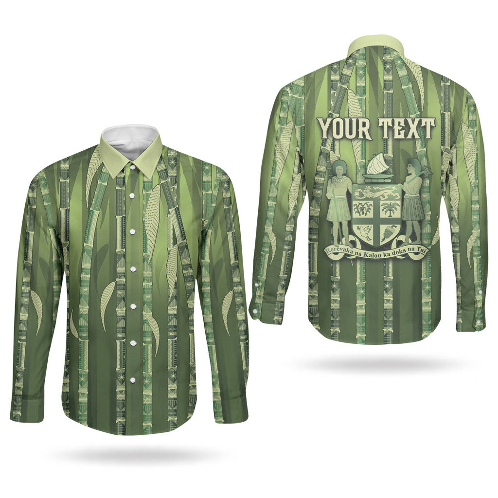 Personalised Fiji Language Week Sugarcane Masi Couples Matching Puletasi and Long Sleeve Button Shirt Green Tapa Tribal Pattern