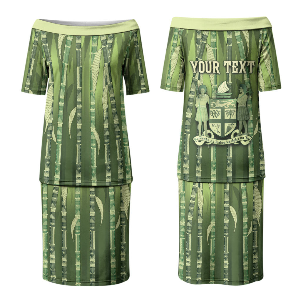 Personalised Fiji Language Week Sugarcane Masi Couples Matching Puletasi and Long Sleeve Button Shirt Green Tapa Tribal Pattern