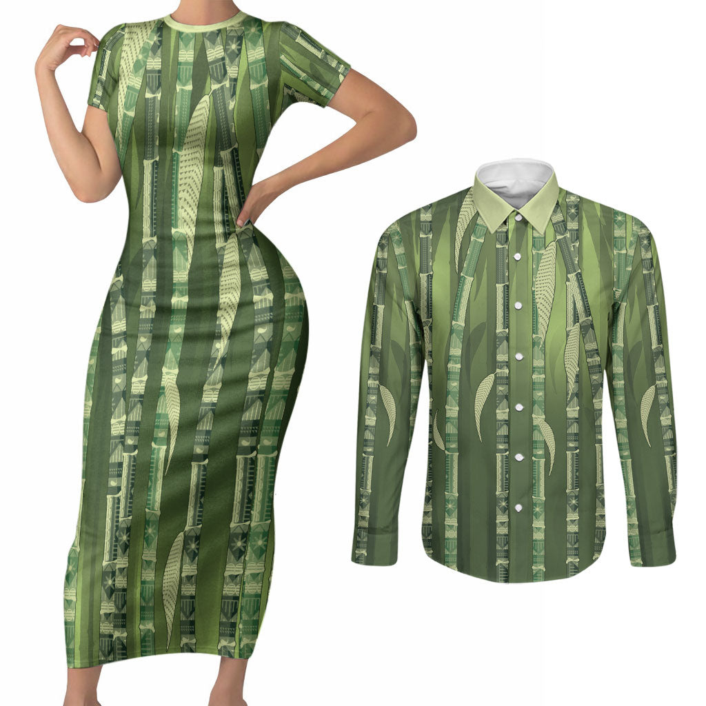 Personalised Fiji Language Week Sugarcane Masi Couples Matching Short Sleeve Bodycon Dress and Long Sleeve Button Shirt Green Tapa Tribal Pattern