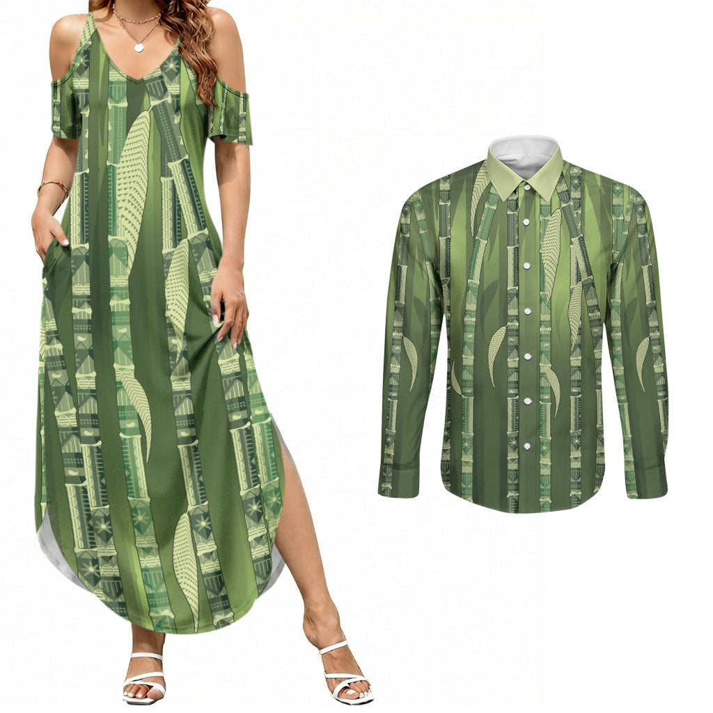 Personalised Fiji Language Week Sugarcane Masi Couples Matching Summer Maxi Dress and Long Sleeve Button Shirt Green Tapa Tribal Pattern