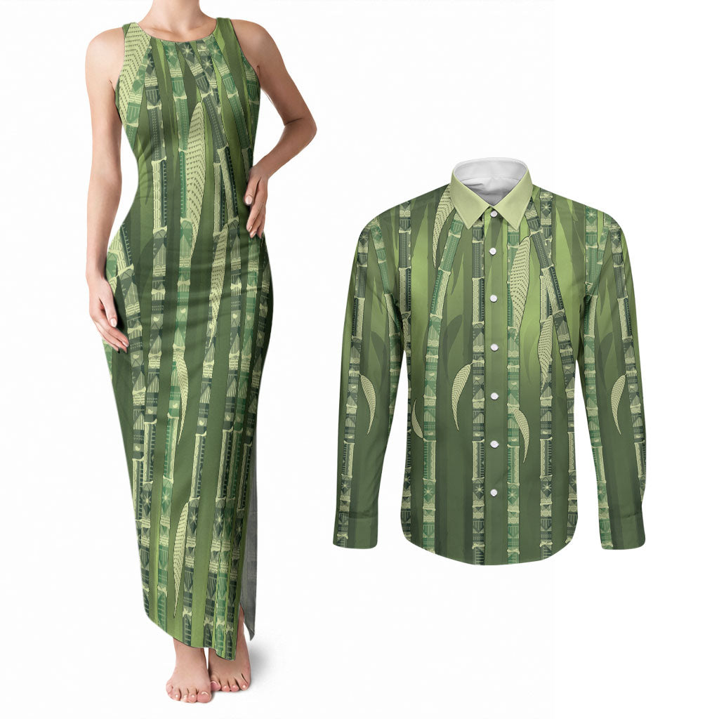 Personalised Fiji Language Week Sugarcane Masi Couples Matching Tank Maxi Dress and Long Sleeve Button Shirt Green Tapa Tribal Pattern