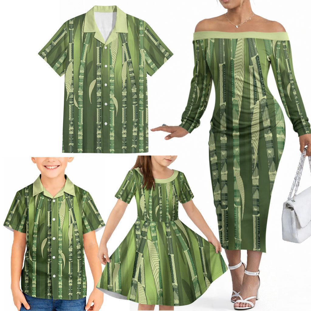 Personalised Fiji Language Week Sugarcane Masi Family Matching Off The Shoulder Long Sleeve Dress and Hawaiian Shirt Green Tapa Tribal Pattern