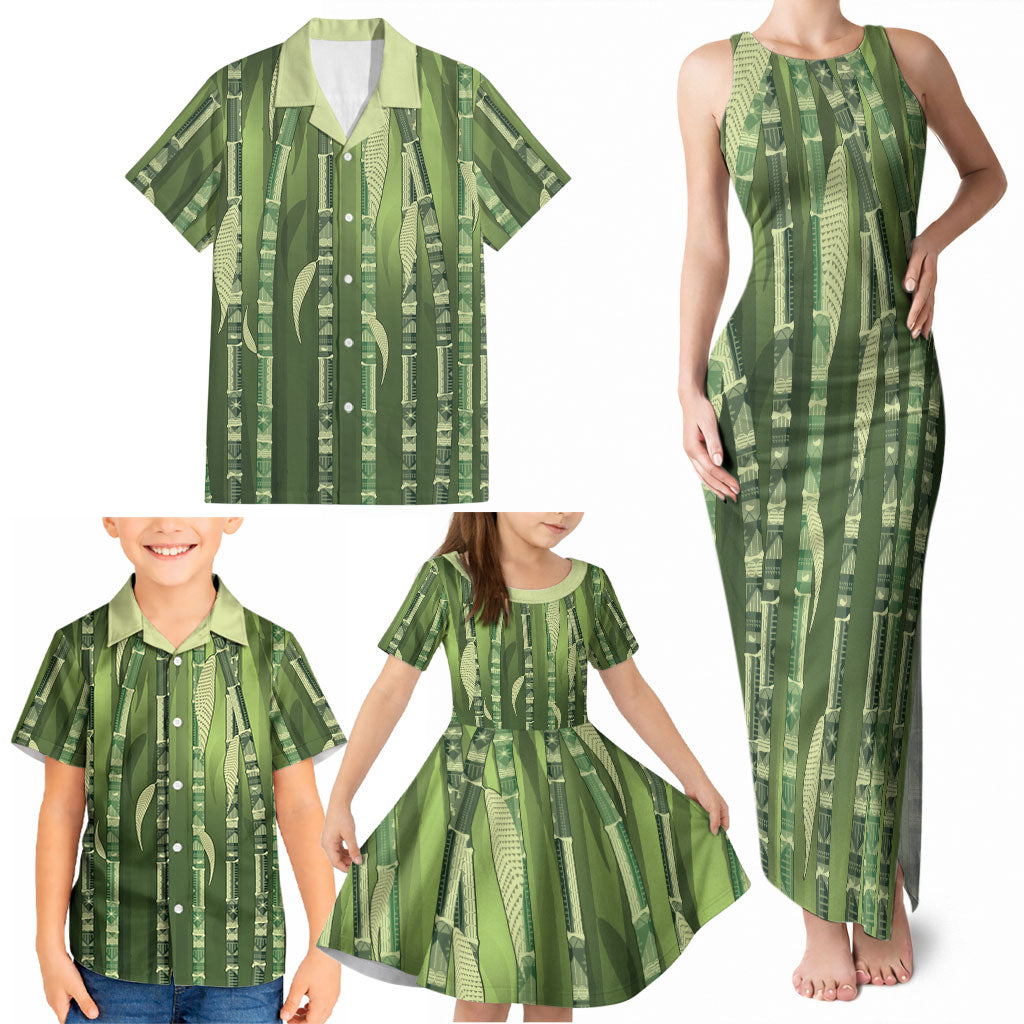 Personalised Fiji Language Week Sugarcane Masi Family Matching Tank Maxi Dress and Hawaiian Shirt Green Tapa Tribal Pattern