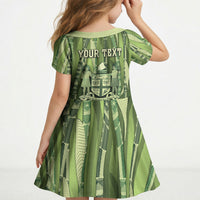 Personalised Fiji Language Week Sugarcane Masi Kid Short Sleeve Dress Green Tapa Tribal Pattern