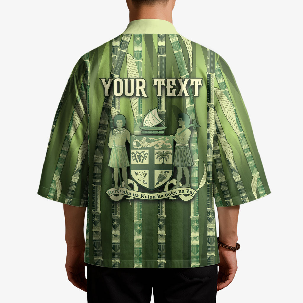 Personalised Fiji Language Week Sugarcane Masi Kimono Green Tapa Tribal Pattern