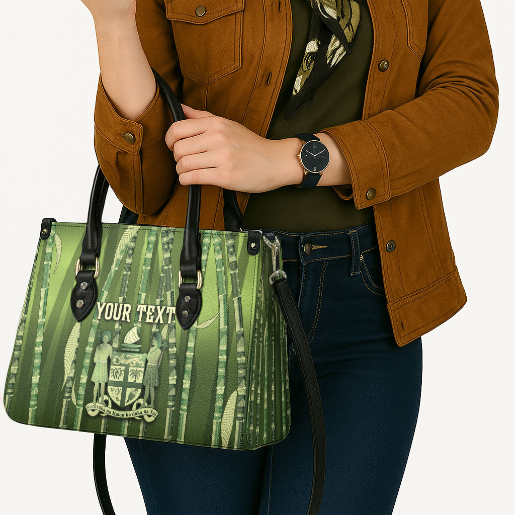 Personalised Fiji Language Week Sugarcane Masi Leather Bag Green Tapa Tribal Pattern