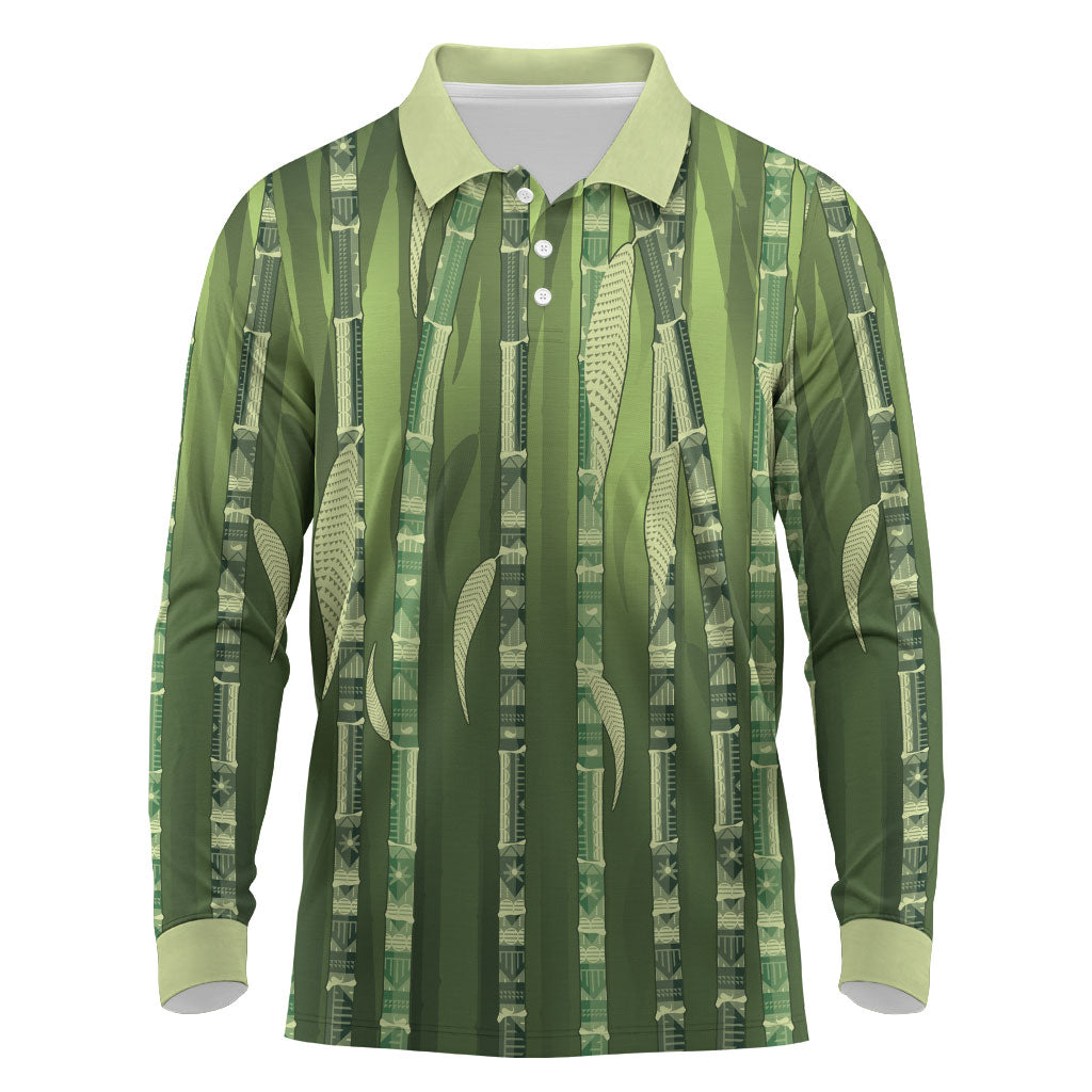 Personalised Fiji Language Week Sugarcane Masi Long Sleeve Polo Shirt Green Tapa Tribal Pattern