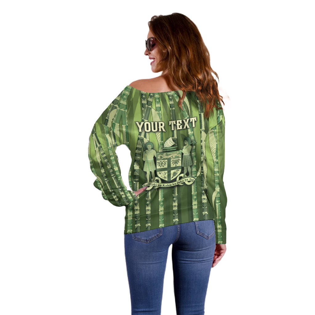 Personalised Fiji Language Week Sugarcane Masi Off Shoulder Sweater Green Tapa Tribal Pattern