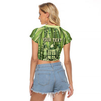 Personalised Fiji Language Week Sugarcane Masi Raglan Cropped T Shirt Green Tapa Tribal Pattern