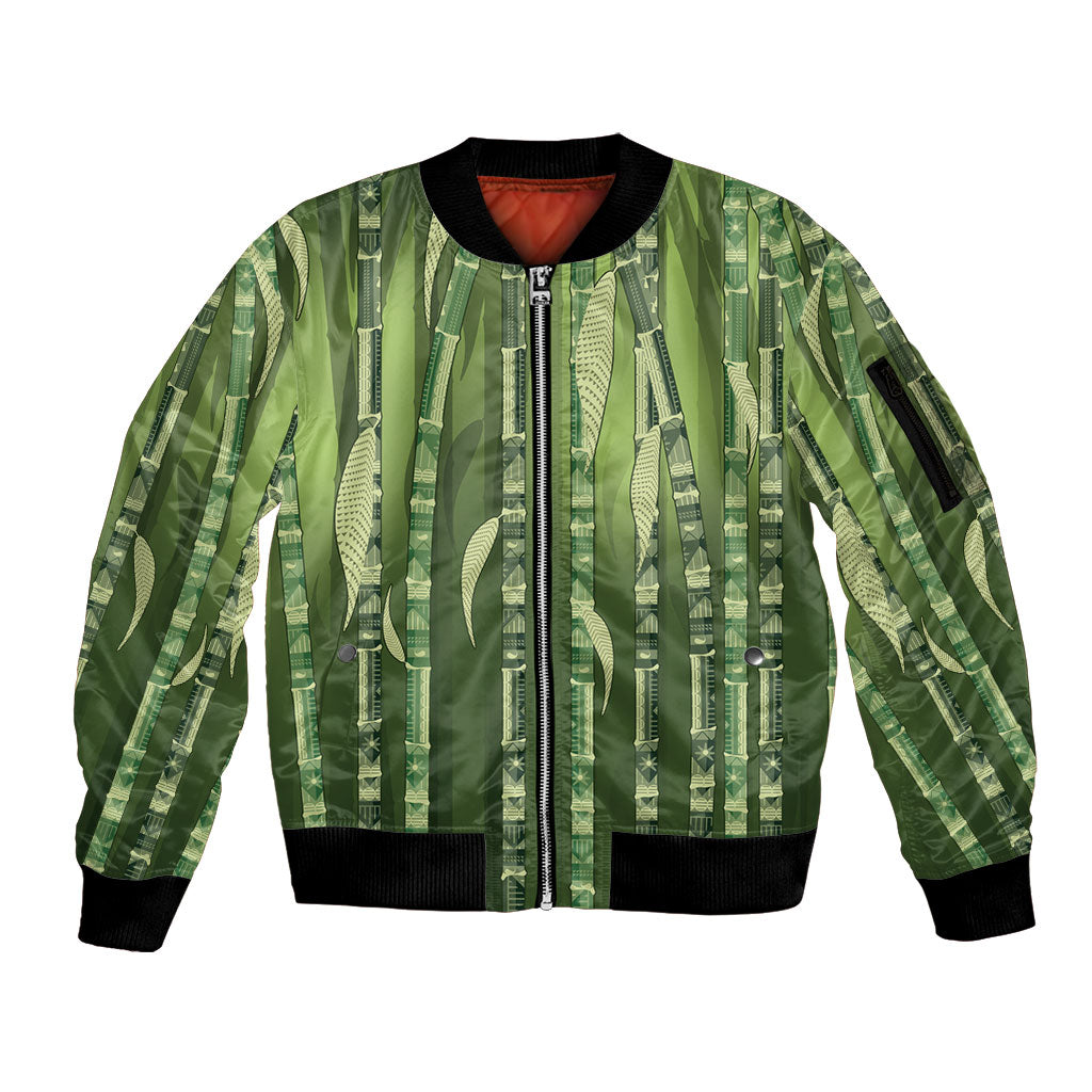 Personalised Fiji Language Week Sugarcane Masi Sleeve Zip Bomber Jacket Green Tapa Tribal Pattern