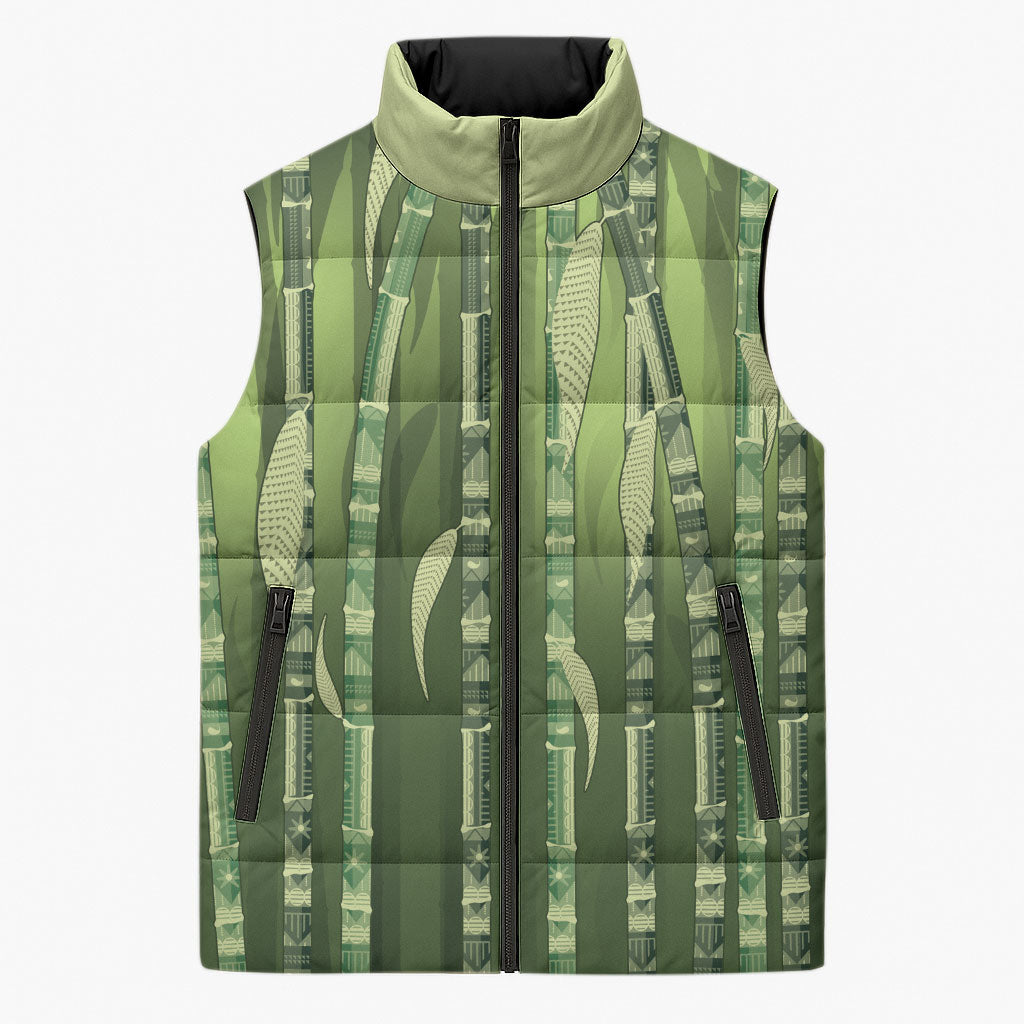 Personalised Fiji Language Week Sugarcane Masi Sleeveless Puffer Jacket Green Tapa Tribal Pattern