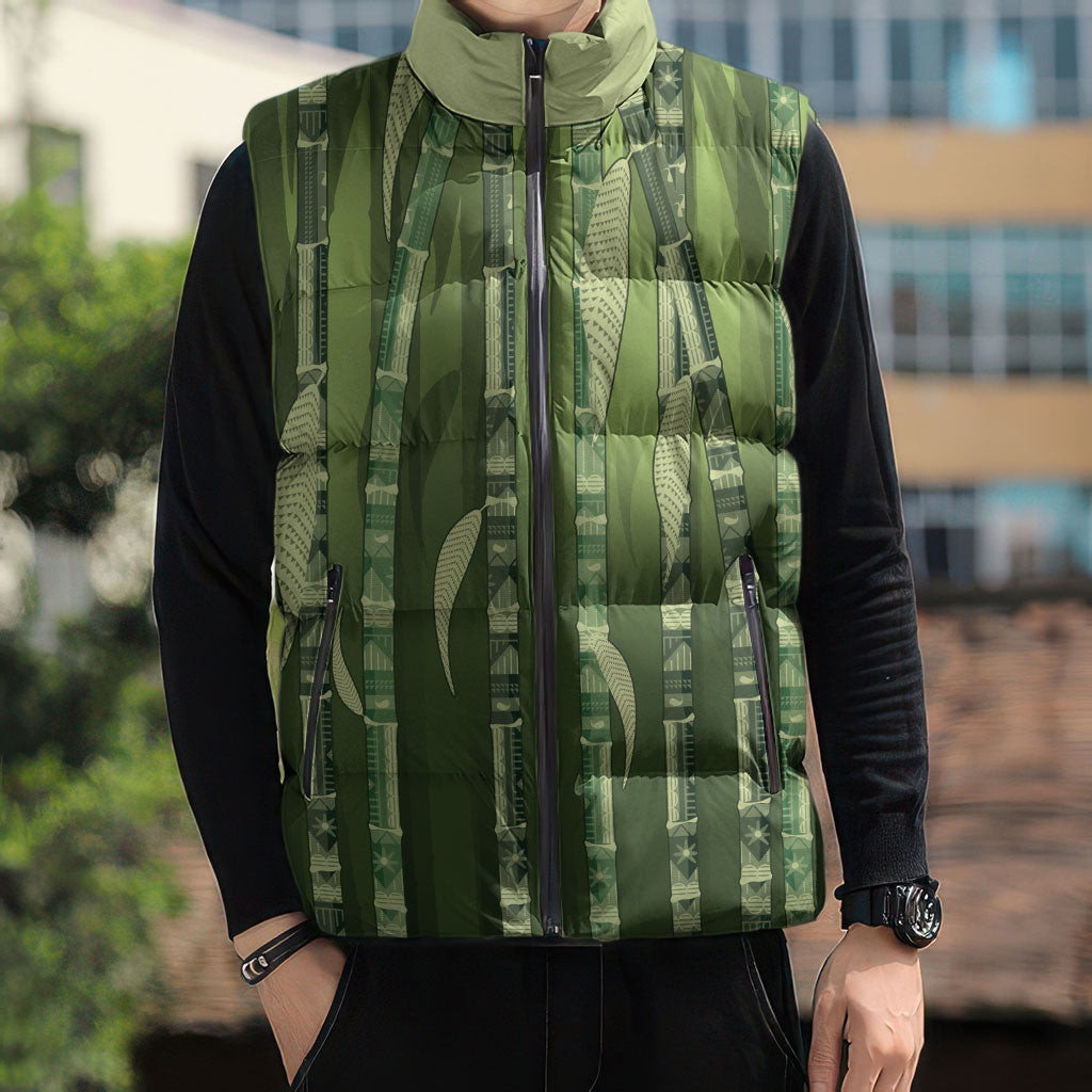 Personalised Fiji Language Week Sugarcane Masi Sleeveless Puffer Jacket Green Tapa Tribal Pattern
