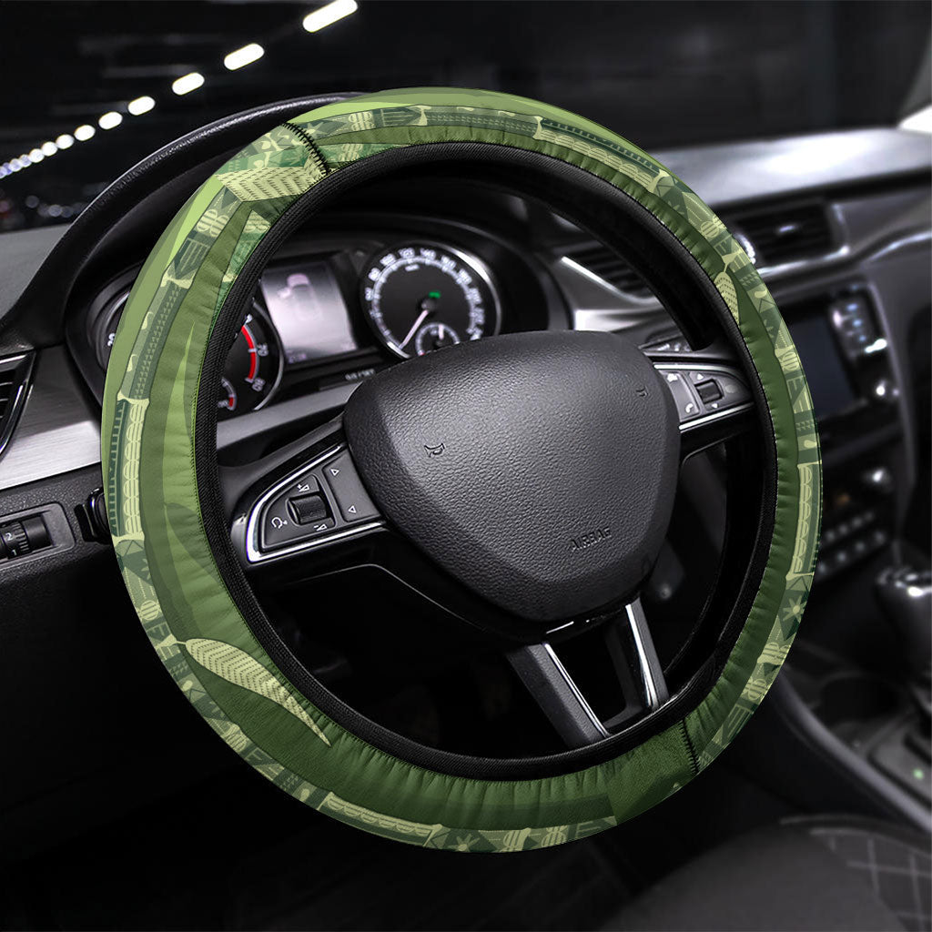 Fiji Language Week Sugarcane Masi Steering Wheel Cover Green Tapa Tribal Pattern