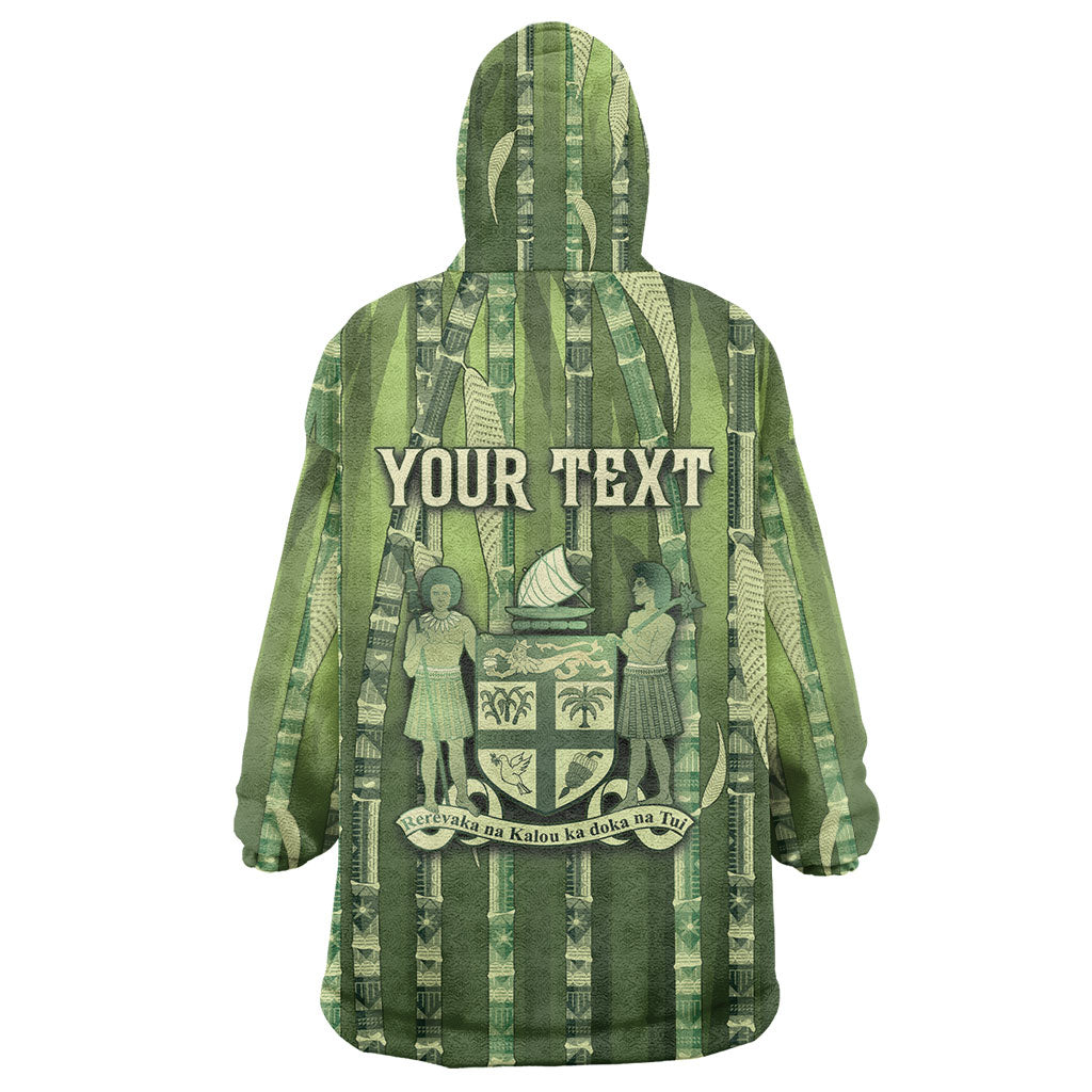 Personalised Fiji Language Week Sugarcane Masi Wearable Blanket Hoodie Green Tapa Tribal Pattern