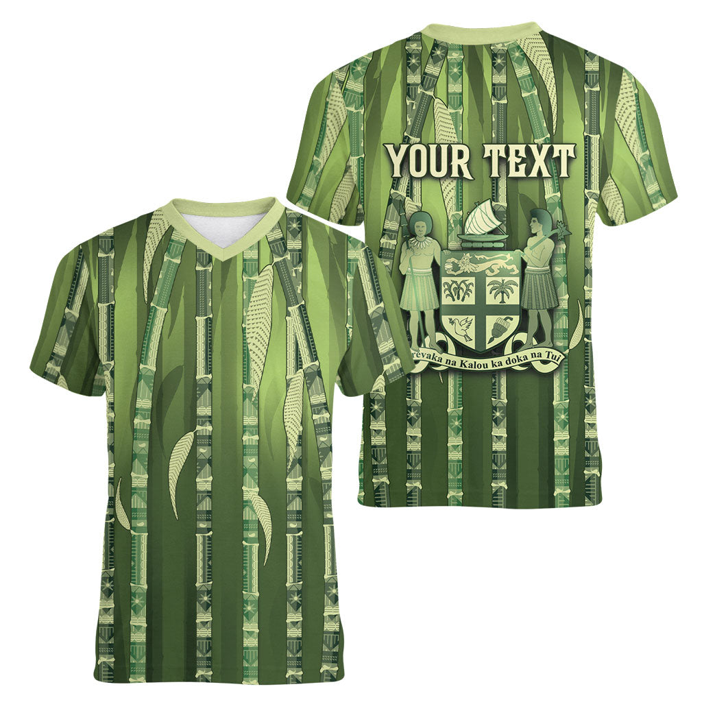 Personalised Fiji Language Week Sugarcane Masi Women V-Neck T-Shirt Green Tapa Tribal Pattern