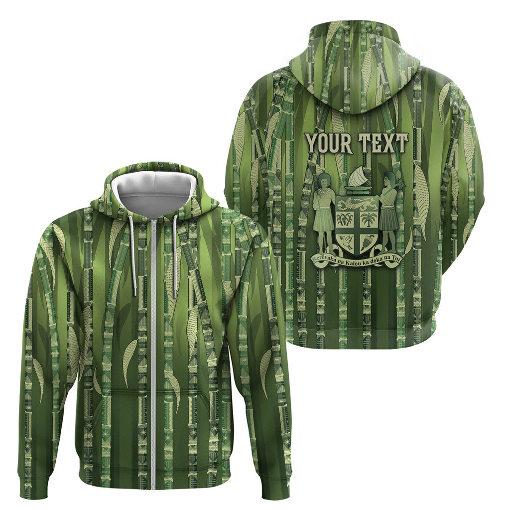 Personalised Fiji Language Week Sugarcane Masi Zip Hoodie Green Tapa Tribal Pattern