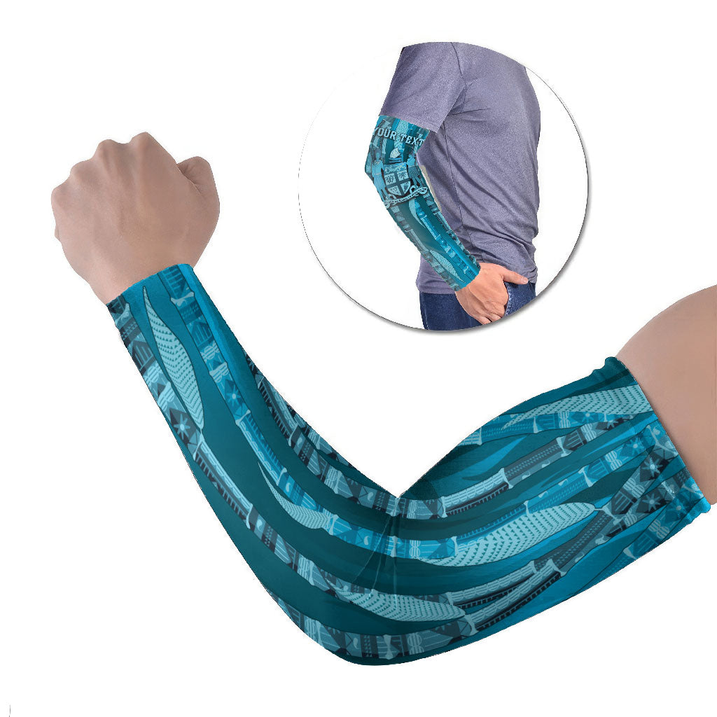 Personalised Fiji Language Week Sugarcane Masi Arm Sleeves Blue Tapa Tribal Pattern
