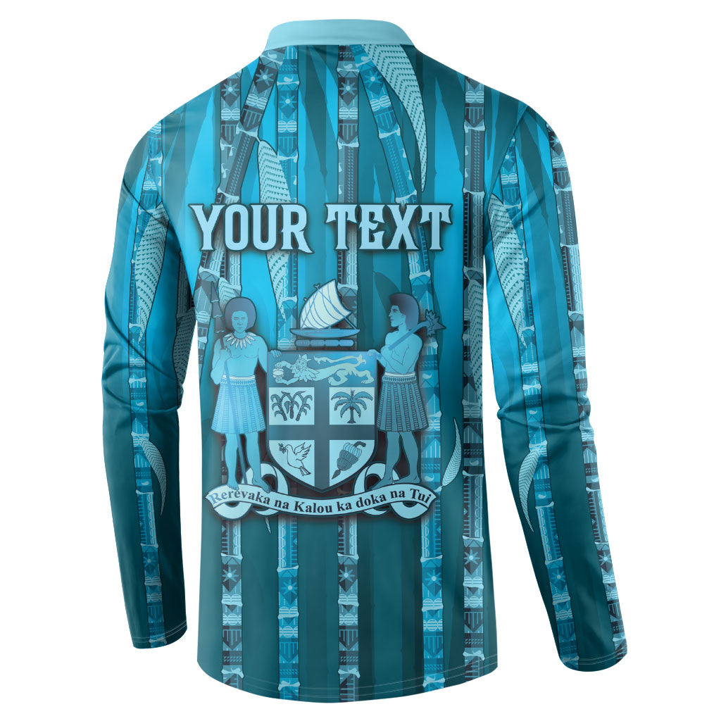 Personalised Fiji Language Week Sugarcane Masi Button Sweatshirt Blue Tapa Tribal Pattern
