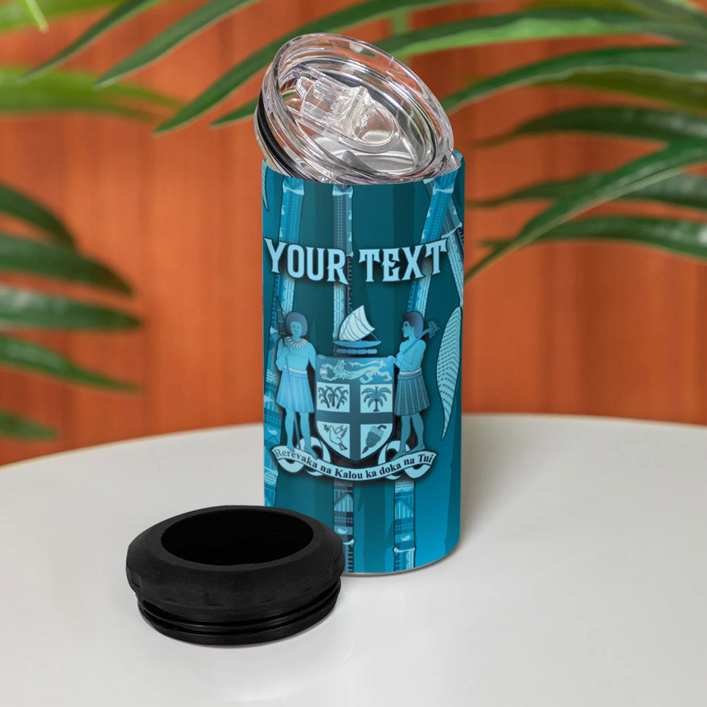 Personalised Fiji Language Week Sugarcane Masi 4 in 1 Can Cooler Tumbler Blue Tapa Tribal Pattern
