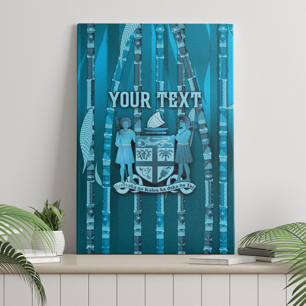 Personalised Fiji Language Week Sugarcane Masi Canvas Wall Art Blue Tapa Tribal Pattern