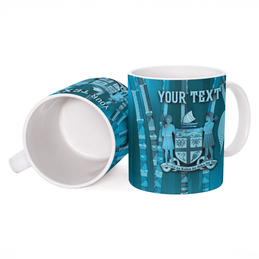 Personalised Fiji Language Week Sugarcane Masi Ceramic Mug Blue Tapa Tribal Pattern