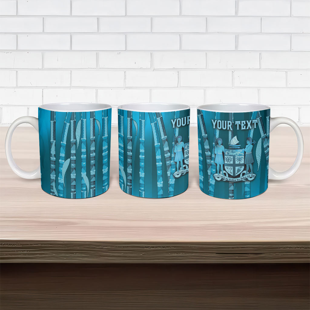Personalised Fiji Language Week Sugarcane Masi Ceramic Mug Blue Tapa Tribal Pattern