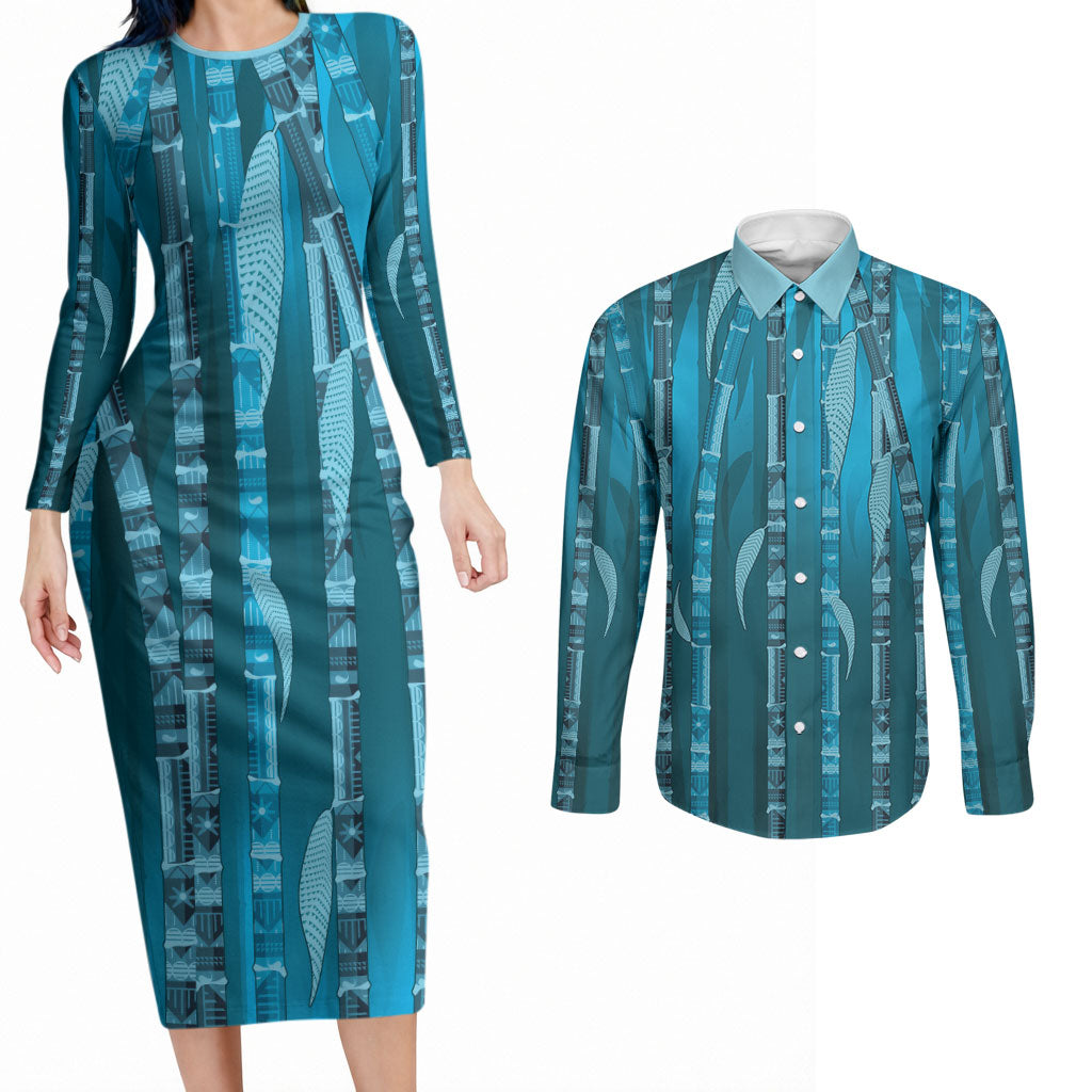 Personalised Fiji Language Week Sugarcane Masi Couples Matching Long Sleeve Bodycon Dress and Long Sleeve Button Shirt Blue Tapa Tribal Pattern