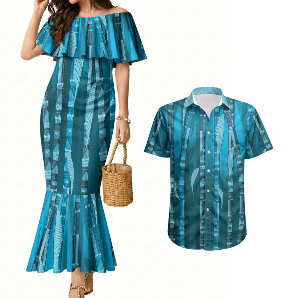 Personalised Fiji Language Week Sugarcane Masi Couples Matching Mermaid Dress and Hawaiian Shirt Blue Tapa Tribal Pattern