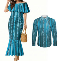 Personalised Fiji Language Week Sugarcane Masi Couples Matching Mermaid Dress and Long Sleeve Button Shirt Blue Tapa Tribal Pattern
