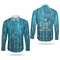 Personalised Fiji Language Week Sugarcane Masi Couples Matching Mermaid Dress and Long Sleeve Button Shirt Blue Tapa Tribal Pattern
