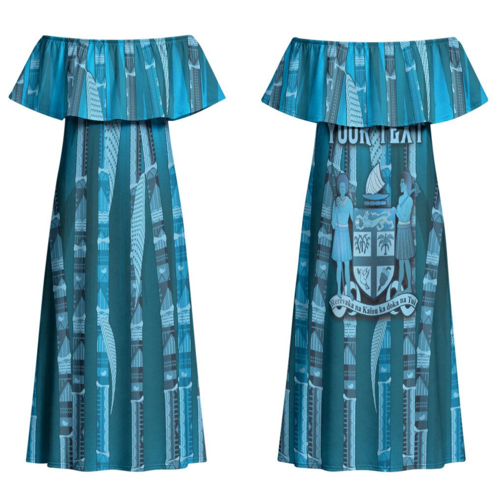 Personalised Fiji Language Week Sugarcane Masi Couples Matching Off Shoulder Maxi Dress and Hawaiian Shirt Blue Tapa Tribal Pattern