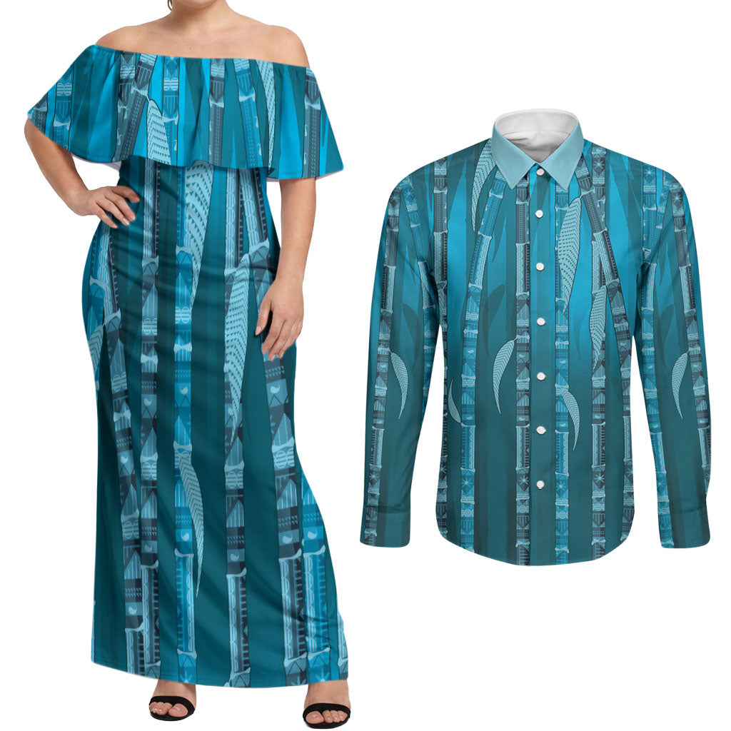Personalised Fiji Language Week Sugarcane Masi Couples Matching Off Shoulder Maxi Dress and Long Sleeve Button Shirt Blue Tapa Tribal Pattern