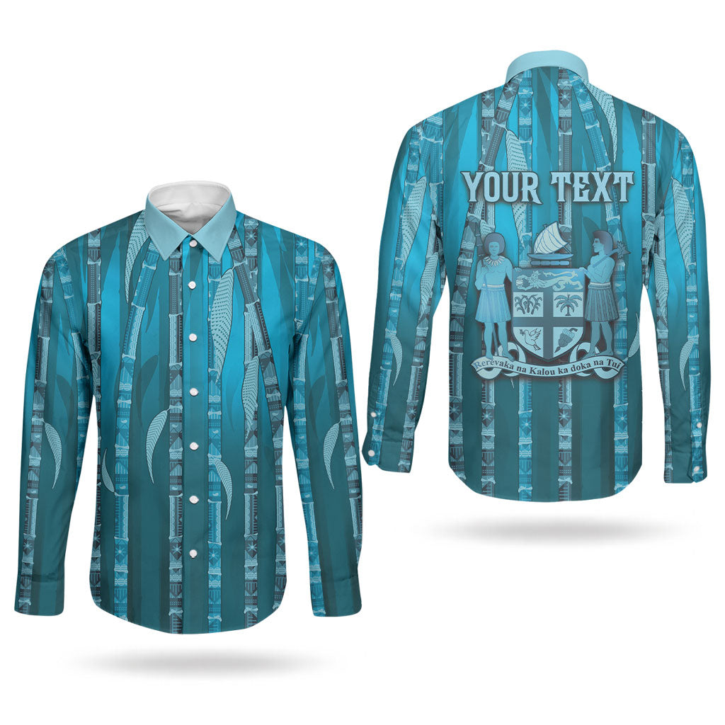 Personalised Fiji Language Week Sugarcane Masi Couples Matching Off Shoulder Maxi Dress and Long Sleeve Button Shirt Blue Tapa Tribal Pattern