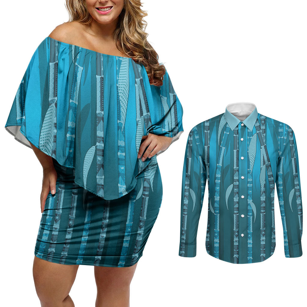 Personalised Fiji Language Week Sugarcane Masi Couples Matching Off Shoulder Short Dress and Long Sleeve Button Shirt Blue Tapa Tribal Pattern