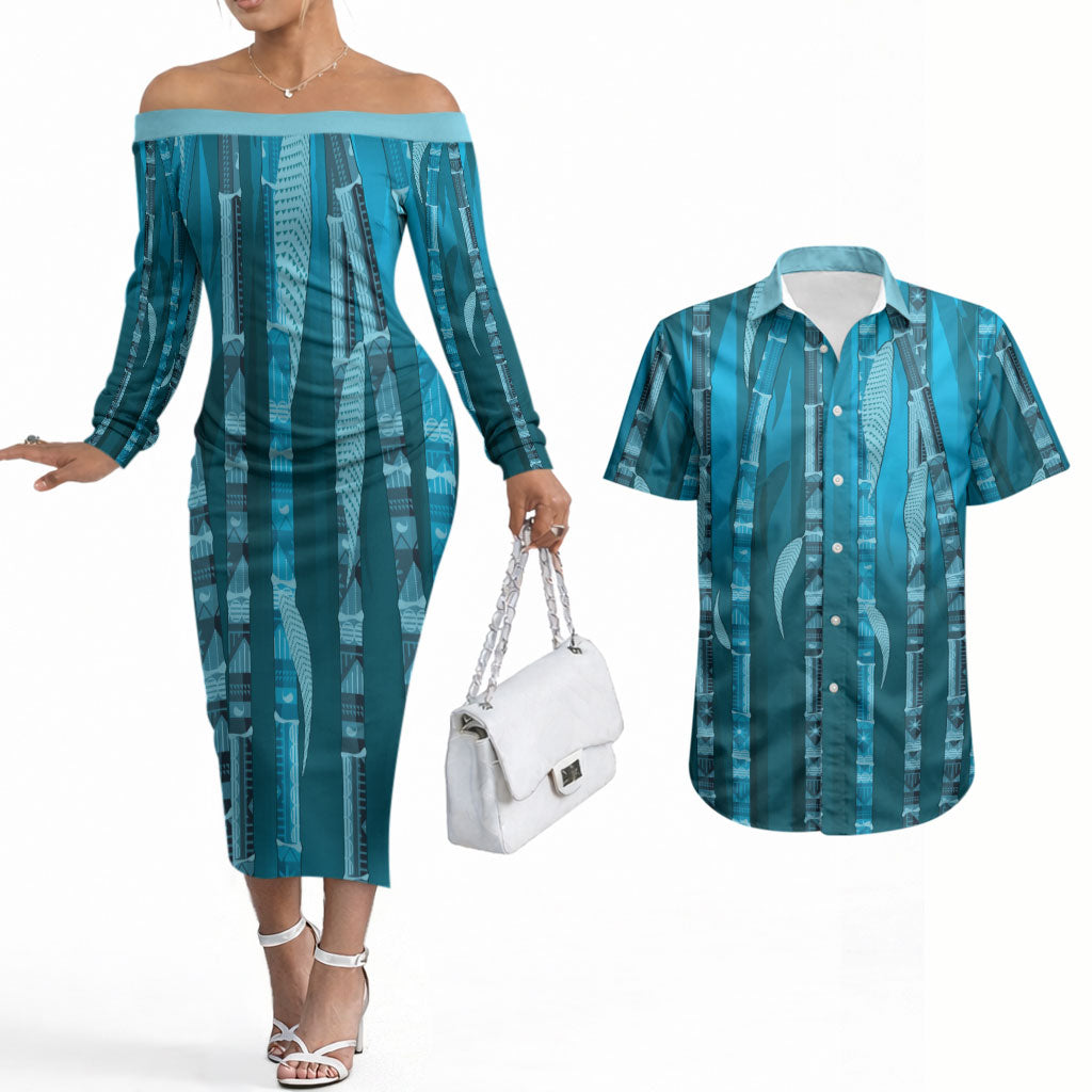 Personalised Fiji Language Week Sugarcane Masi Couples Matching Off The Shoulder Long Sleeve Dress and Hawaiian Shirt Blue Tapa Tribal Pattern