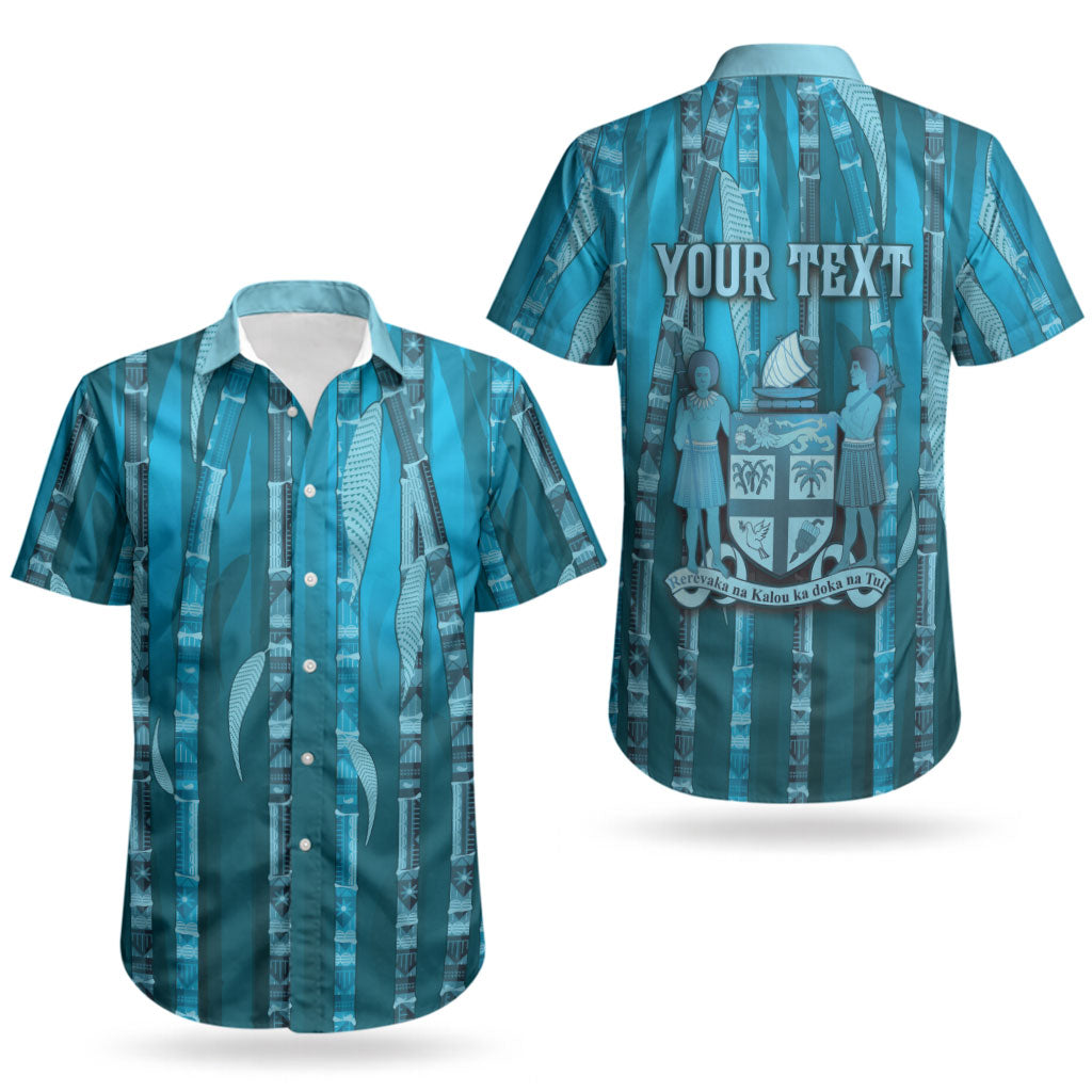 Personalised Fiji Language Week Sugarcane Masi Couples Matching Off The Shoulder Long Sleeve Dress and Hawaiian Shirt Blue Tapa Tribal Pattern