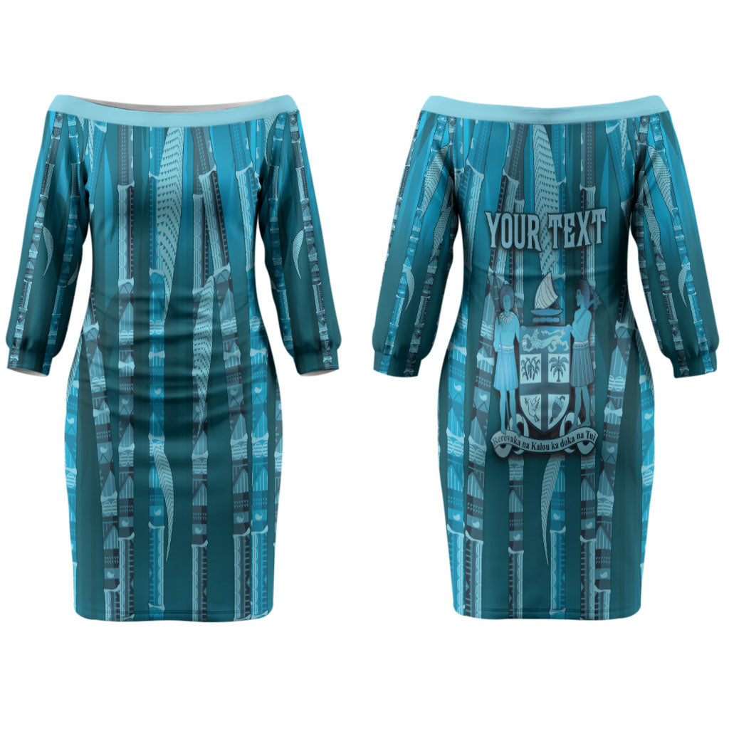 Personalised Fiji Language Week Sugarcane Masi Couples Matching Off The Shoulder Long Sleeve Dress and Hawaiian Shirt Blue Tapa Tribal Pattern