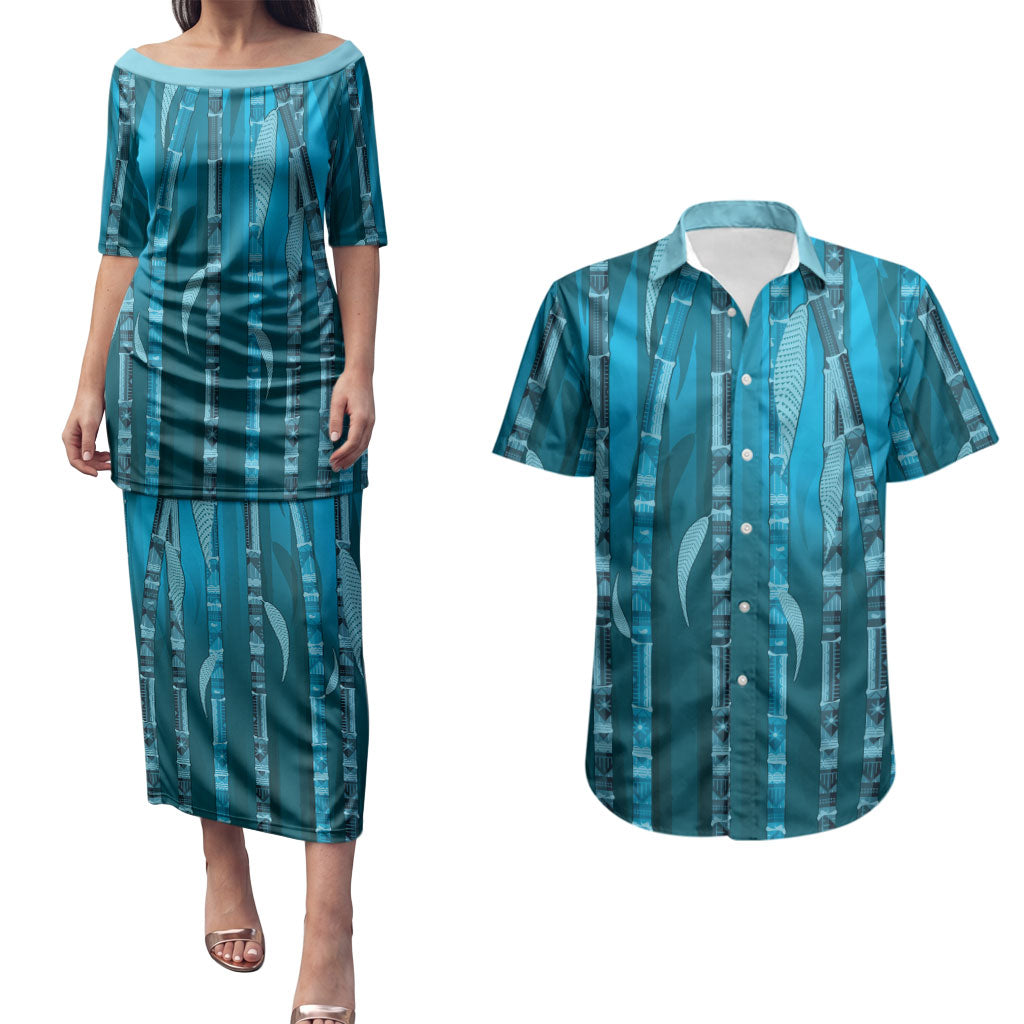 Personalised Fiji Language Week Sugarcane Masi Couples Matching Puletasi and Hawaiian Shirt Blue Tapa Tribal Pattern