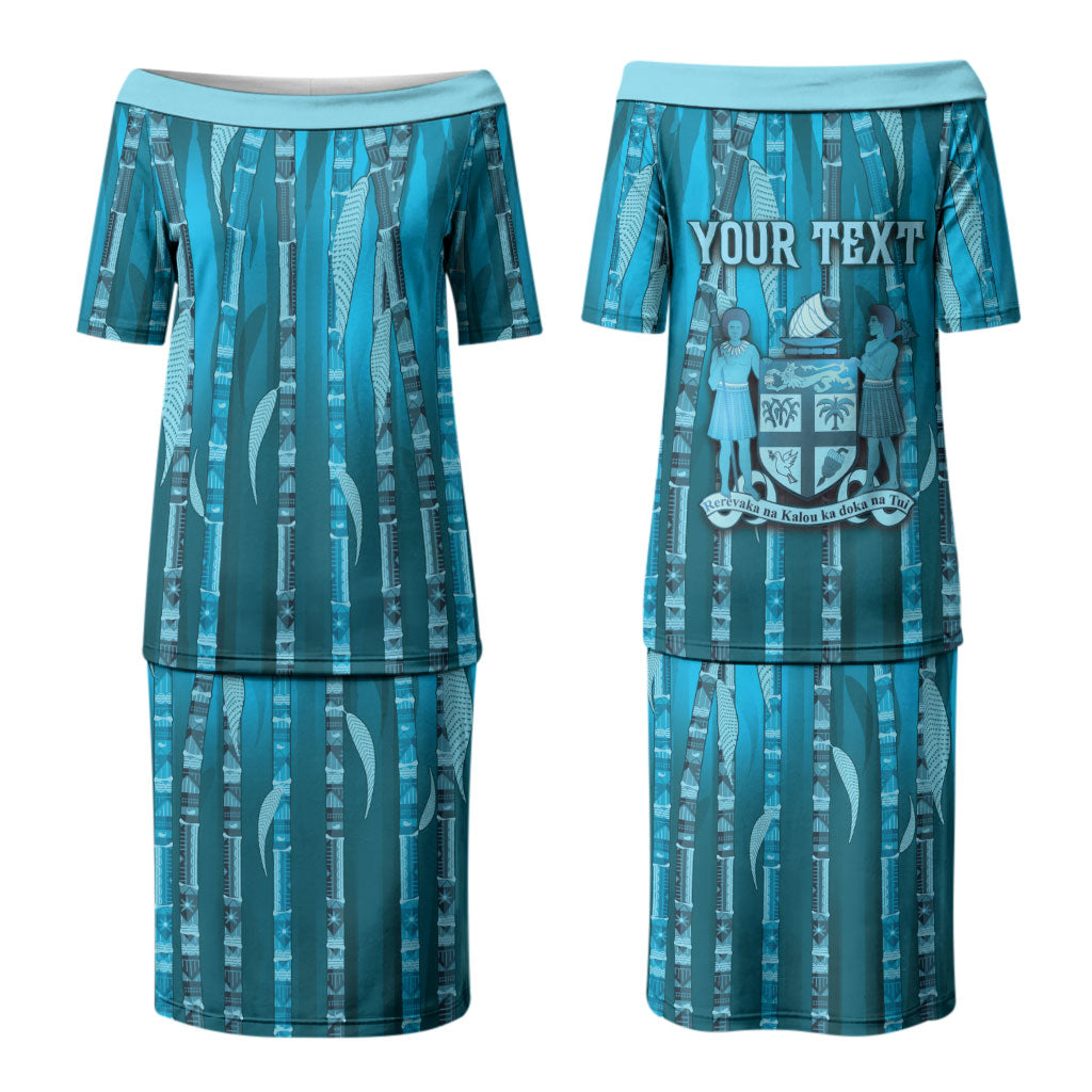 Personalised Fiji Language Week Sugarcane Masi Couples Matching Puletasi and Hawaiian Shirt Blue Tapa Tribal Pattern