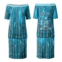 Personalised Fiji Language Week Sugarcane Masi Couples Matching Puletasi and Hawaiian Shirt Blue Tapa Tribal Pattern